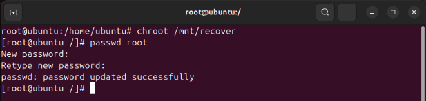 A terminal showing the process of chrooting and changing the password of the root user.