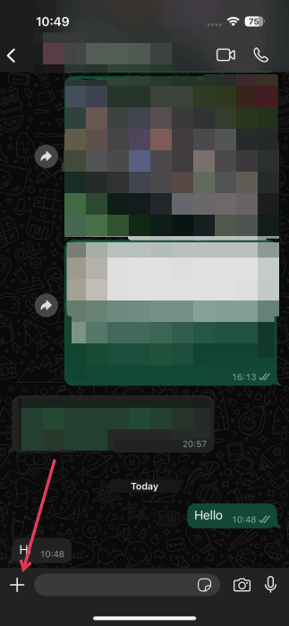Tapping plus button in WhatsApp chat on iPhone.
