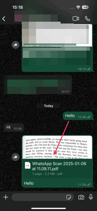 Tapping on scan to open via WhatsApp on iPhone.