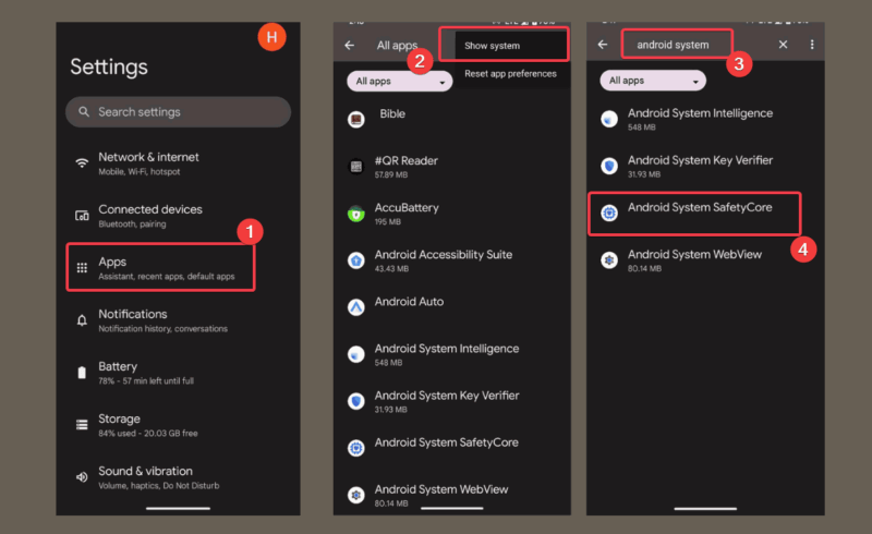 Search Android Safetycore In Settings