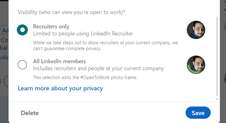 Showing OpenToWork Visibility settings