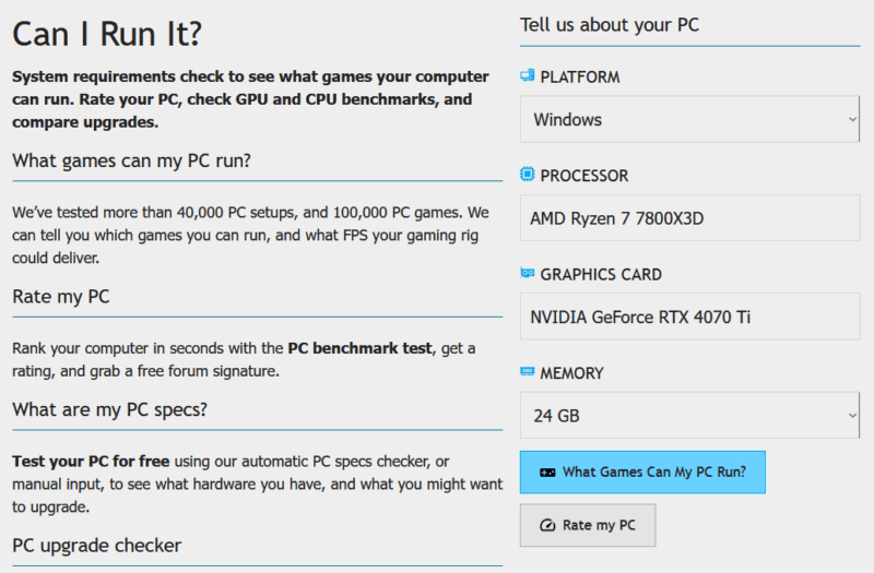 PC components selection screen