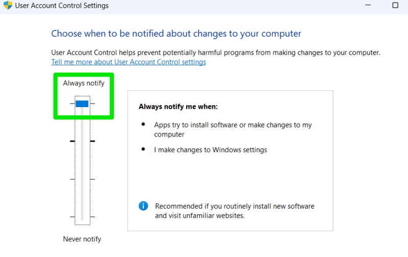 Set Windows UAC to maximum security level