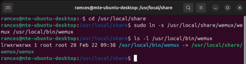 A screenshot showing the creation of a symbolic link for Wemux.