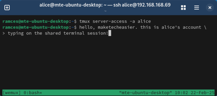 A terminal showing the guest user having editing privileges on the shared Tmux session.