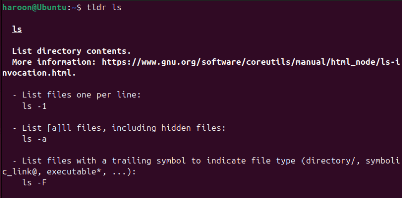 Showing Concise Explanation of the ls command With Tldr.