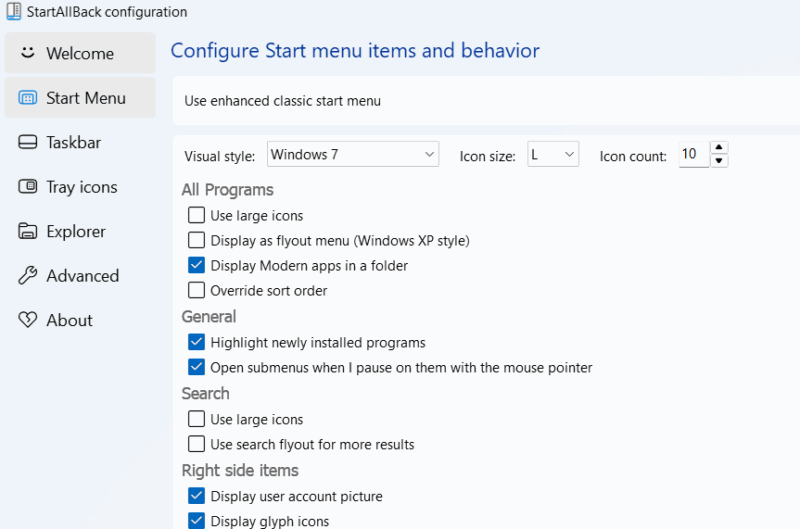 Startallback Settings showing Start menu options