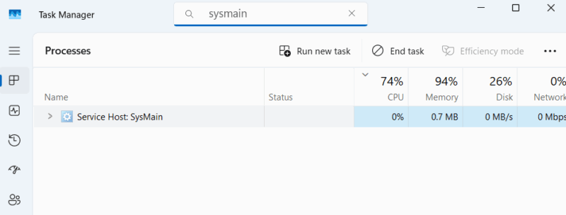Windows Task Manager showing Sysmain process