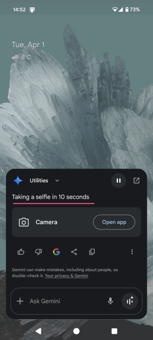Instructing Google Assistant/Gemini to take a selfie for you. 
