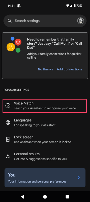Tapping on "Voice Match" option in Android Settings.