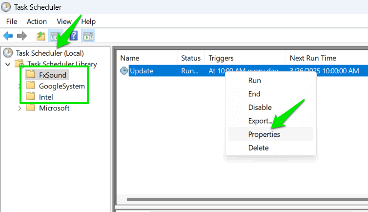 Task Properties menu in Windows Task Scheduler