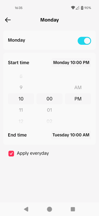 Setting a schedule for Time Away for Monday via TikTok app. 