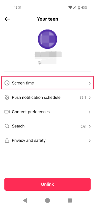 Tapping on "Screen time" option in TikTok app. 