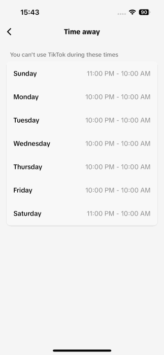 Time away schedule for teen account in TikTok app. 