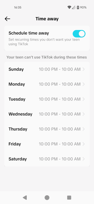 Turning on feature to "Schedule time away" in TikTok app. 