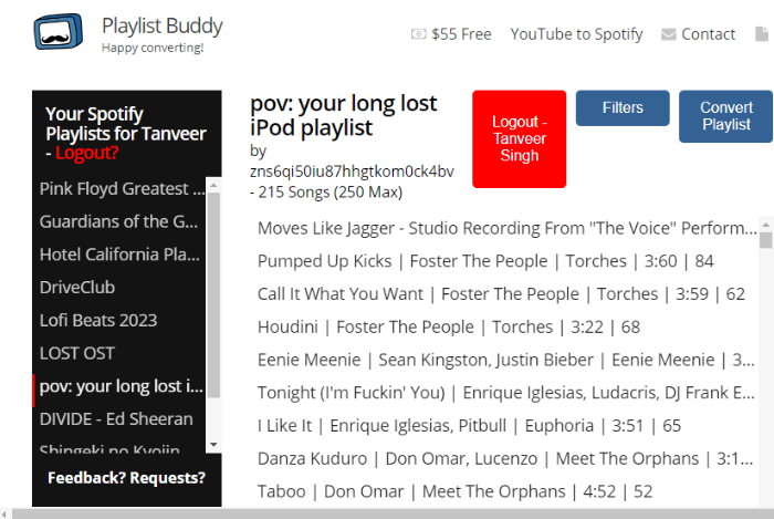 Playlist Buddy interface view with playlist generated.
