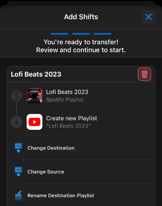 SongShift app view with Shift creation activated.