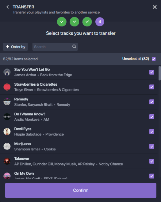 Soundiiz interface view playlist transfer initiated.