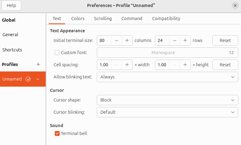 Ubuntu Terminal Preferences Window