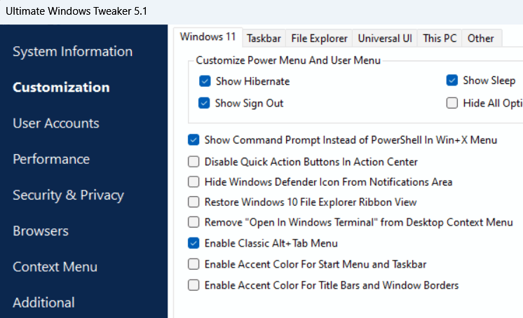 Ultimate Windows Tweaker customization options