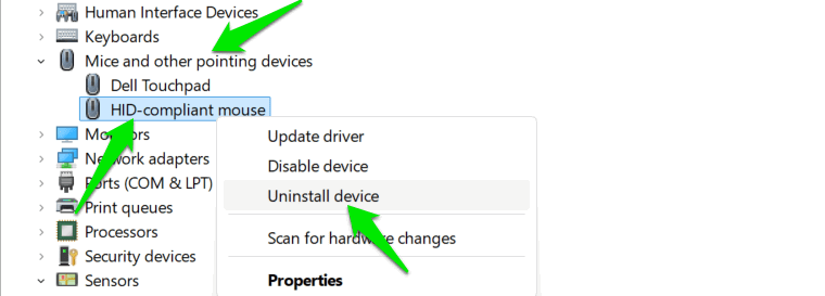 Uninstall mouse driver button in device manager