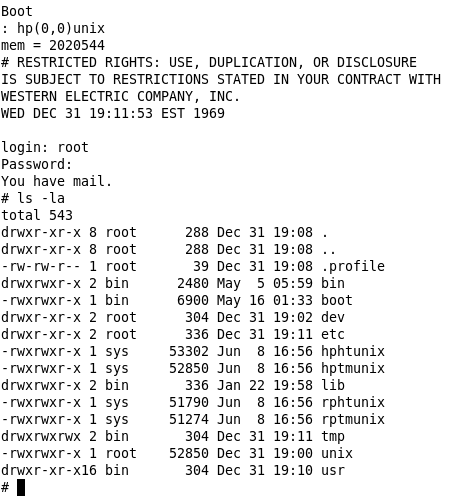 A screenshot of the 7th Edition Research Unix's root shell.
