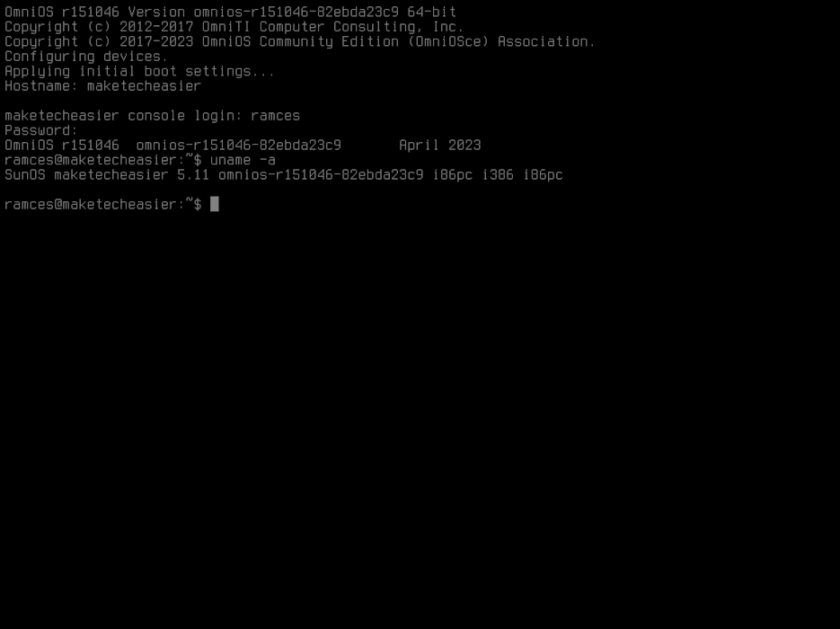 A console showing a basic OmniOS prompt.