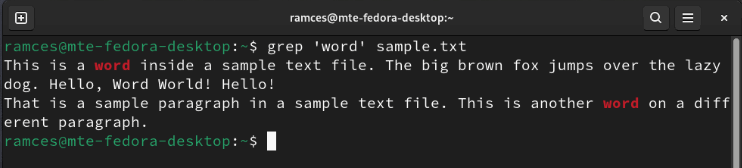 A terminal showing Grep's simple word matching feature.