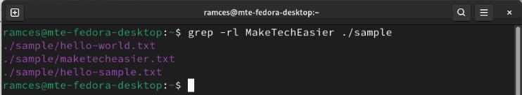 A terminal showing Grep printing the relative paths of files that contain the target string.