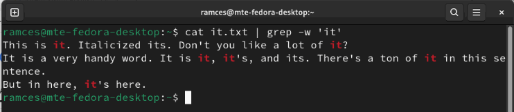 A terminal showing the whole word matching flag for Grep.