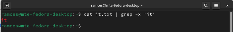 A terminal showing Grep matching entire lines on the target string.