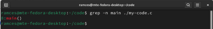 A terminal showing Grep printing the line number of the target string in the my-code.c file.