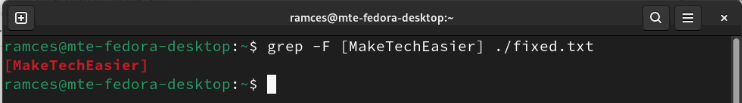 A terminal showing the exact match for the target string with Grep's "no regex" mode.