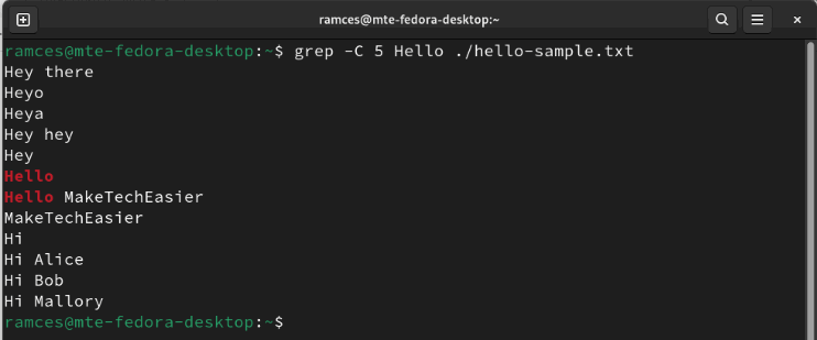 A terminal showing Grep's ability to print the surrounding context of a target string.