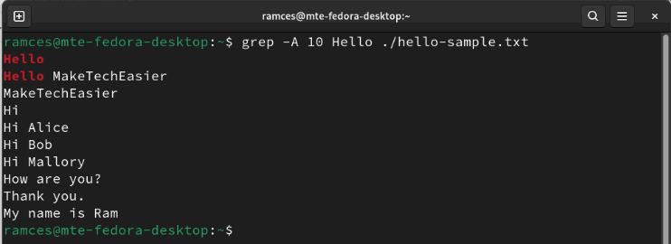 A terminal showing Grep printing the next 10 lines after its initial string match.