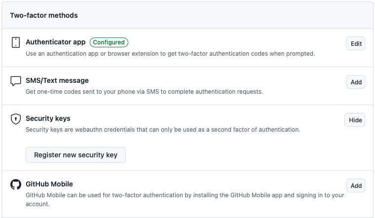 A screenshot showing the different MFA options in Github.