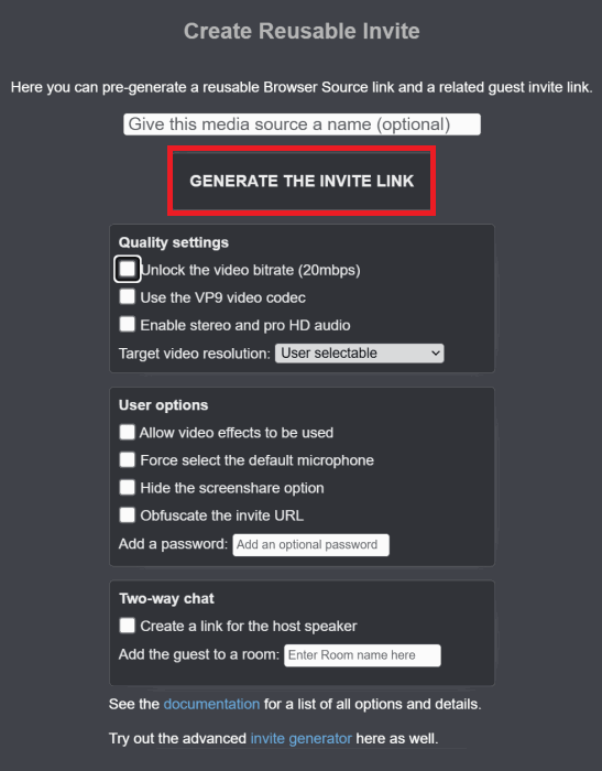 A screenshot of the website vdo.ninja, showing multiple options for a user to select before generating an invite link to use their iphone as a streaming source.