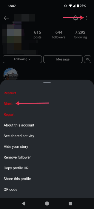 Selecting "Block" option in Instagram app. 
