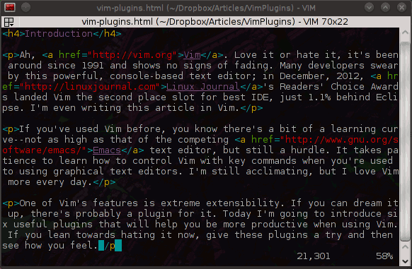 Using  Vim to write article