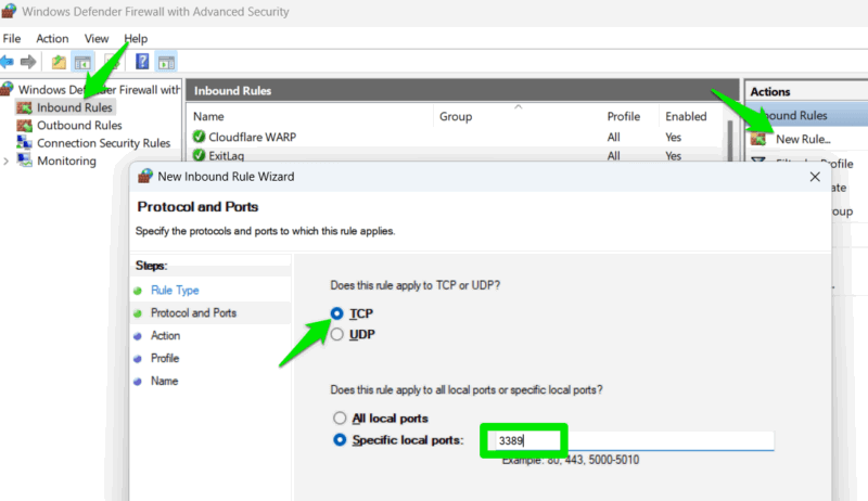 Create inbound rule in Windows Firewall