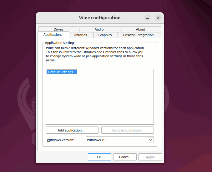 Opening Wine Configuration using winecfg command.