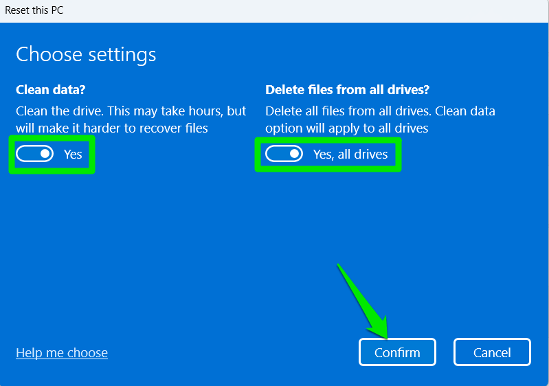 Windows reset wizard showing wipe options